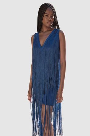 Karen Millen Fringe Bandage V-Neck Midi Dress in Cobalt at Nordstrom, Size 10