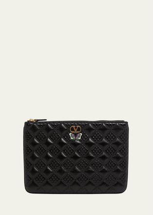Valentino Garavani Butterfly-Embroidered Quilted Leather Clutch Bag
