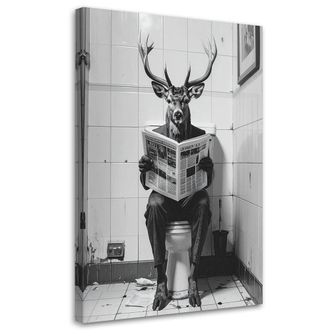 Feeby Cuadro Sobre Lienzo, Ciervo Gracioso En El Ba&ntilde;o Leyendo El Peri&oacute;dico En Blanco Y Negro, 80x120
