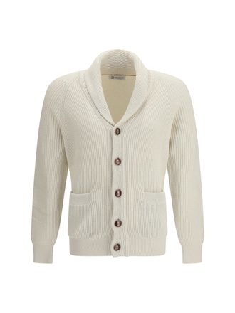 Brunello Cucinelli Mens Cardigan Ribbed Cotton Panama Sweater