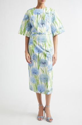 Oscar De La Renta Allium Cotton Stretch Poplin Belted Midi Dress in Blue/White at Nordstrom, Size 10