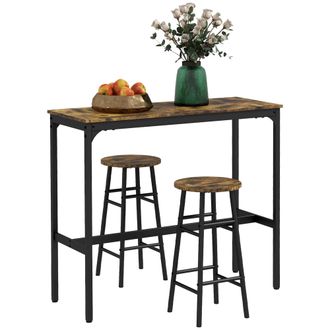 HOMCOM Conjunto De Mesa Alta De Bar Con 2 Taburetes Mesa Alta De Cocina Con Taburetes Marco De Acero Estilo Industrial Para Comedor Marr&oacute;n R&uacute;stico
