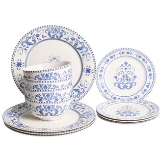 Beliani Vajilla De 12 Piezas De Porcelana Acabado Esmaltado Con Dise&ntilde;o Abstracto Para 4 Personas Comedor Cocina Blanco Y Azul Galangal