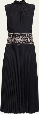 Ramy Brook Kimberly Embroidered Pleated Midi Dress