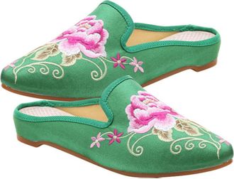 PartyKindom BCOATH Embroidered Women Home Slippers Soft Breathable Non-slip Indoor Footwear Green Ethnic Style Comfortable Casual Shoes for Winter