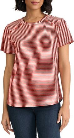 Jones New York Button Shoulder Stripe Stretch Cotton T-Shirt in Rouge/natural White at Nordstrom, Size X-Small