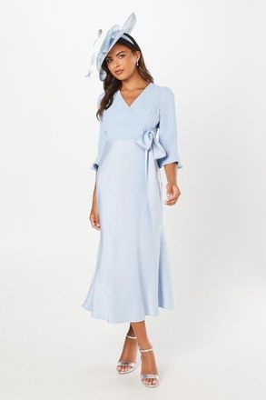 Coast Ruffle Sleeve Satin Wrap Dress in Pale Blue at Nordstrom, Size 6