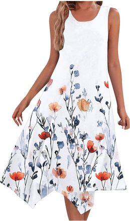 Generic Summer Dresses for Women UK Sale Clearance Women Floral Print Irregular Tank Dress Casual Sleeveless Crew Neck Boho Vacation Dress Summer Flowy Party 