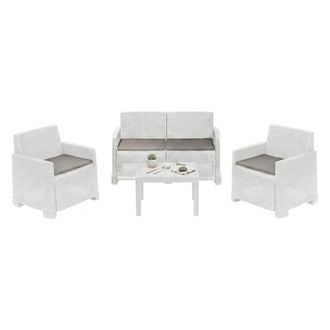 Dmora Conjunto De Sal&oacute;n De Exterior Vieste, Conjunto De Jard&iacute;n Con 2 Sillones, 1 Sof&aacute; Y 1 Mesa De Centro, Efecto Rattan Con Cojines, 100% Made In Italy, Bla