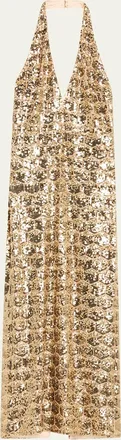 Ramy Brook Shauna Backless Geometric Sequin Halter Gown