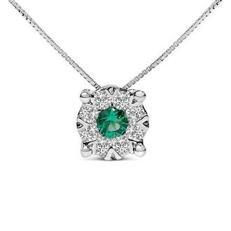 House of Brilliance 14K Gold Emerald & 1/3 Cttw Diamond Halo Pendant Necklace in White at Nordstrom