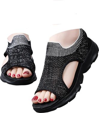 Generic Sandals for Women Summer Mesh Beach Sport Hollow Casual Open Toe Flat Soft Bottom Breathable Shoes Ladies Sandals Slides Women Slip on Sandal (Black, 