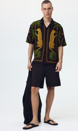 H&M Relaxed Fit Printed Resort Shirt in Dark Brown/leopard at Nordstrom, Size Medium