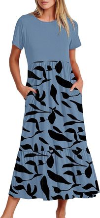 Generic Maxi Dress for Women UK Elegant Short Sleeve Long Dress with Pockets Summer Sundress Beach Holiday Casual Dresses Indian Boho Baggy Loose Round Neck D