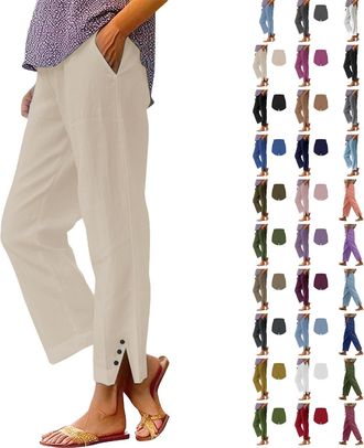 Generic Trousers for Women UK Womens Linen Trousers Cosy Summer Pants Elastic Waist Lightweight with Pockets Casual Loose Fit Lounge Pants Solid Summer Women