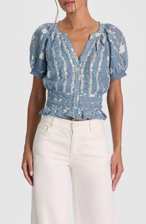 Alice & Olivia Kathryn Lace & Embroidered Crop Top in Deep Denim Blue/Off White at Nordstrom, Size X-Small