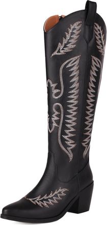 Generic Womens Western Knee High Boots With Rhinestone Embroidered Design Pointed Toe Faux Leather Chunky Block Heels Side Zip Pull Tab Smooth Upper,Black,4.5