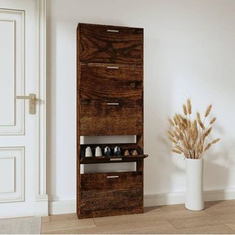 Berkfield Home Shoe Cabinet Smoked Oak 59x17x169 cm Engineered Wood in Brown | Size: 59 x 17 x 169 cm