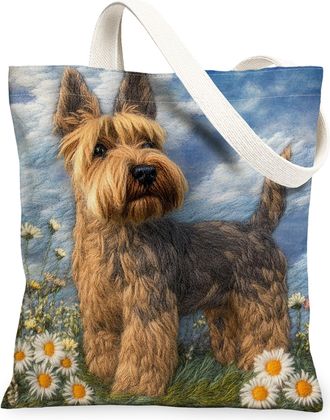 Generic Spring Scottish Terrier Dog Canvas Tote Bag for Shopping 13x15, Knitting Style Garden Puppy Reusable Grocery Print Pattern Bag for Women, Fun Pet Beac