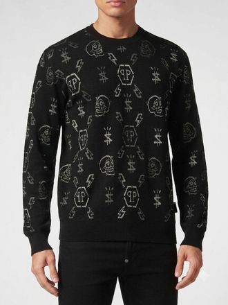 Philipp Plein Maglia girocollo in lana merino con motivo Skull e logo jacquard