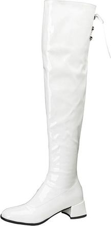 Generic Womens Round Toe Stretchy Thigh High Boots Comfort Block Heel Faux Fur Lined Winter Shoes for Catwalk Nightclub (8.5,White)