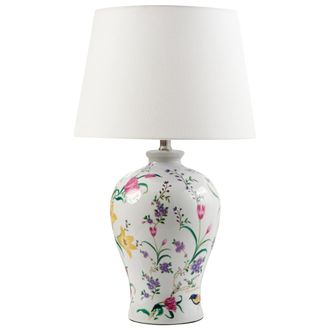 Beliani L&aacute;mpara De Mesa Elegante Con Base De Porcelana Con Dise&ntilde;o Floral Pantalla De Campana De Lino Iluminaci&oacute;n Blanco Febros