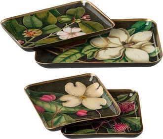 Two's Company Set Of 4 Vintage Floral Print Metal Trays