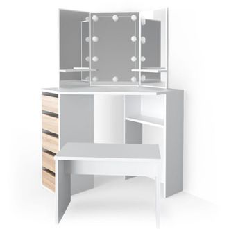 Vicco Tocador de esquina Arielle, Blanco/Sonoma, 110 cm con iluminación led y banco Vicco