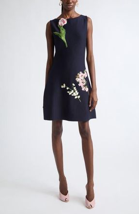 Oscar De La Renta Mixed Botanical Embroidered Wool Knit Dress in Navy at Nordstrom, Size X-Large