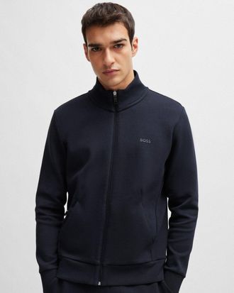 HUGO BOSS Skaz Mens Stretch-Cotton Full Zip Sweatshirt with Logo Print NOS - Dark Blue - Size Large