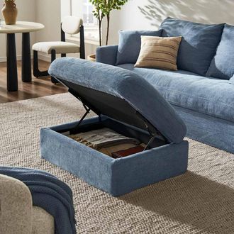 Castlery Agnes by Castlery Slipcover Storage Ottoman, Blue, Multifunctional Footrest with Hidden Storage