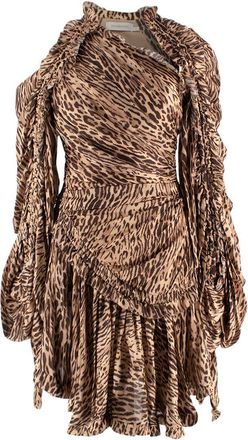 Zimmermann Brown Leopard Print Ruffle Mini Silk Dress Size S