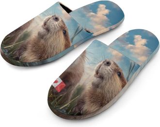 Generic Canadian Beaver Mens Slippers Warm Non-Slip Houes Shose Spa Slipper for Home Bedroom