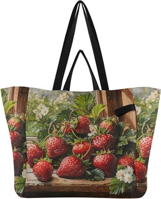 Generic Wooden Red Strawberry print Reusable Canvas Tote Bag, Heavy Duty Grocery Shopping Bag with Double Handles Large Capacity Hard Bottom Work Groceries Tr