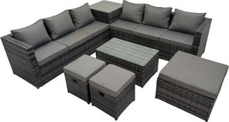 Fimous 9 Seater Garden Outdoor Rattan Furniture Set Patio Corner Sofa Rectangular Coffee Table with Side Table 3 Stool Dark Grey - Fimous