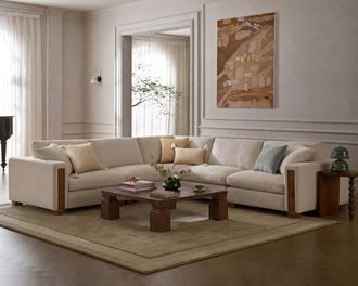 Castlery Tan France Kagan 5-Piece L-Shape Sectional Couch, (Basketweave) Cream - Modern Heritage Modular Sofa - Solid Oak Pillars, Cream Color