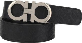 Ferragamo Mens Belt Double Adju Patterned Black Calf Leather