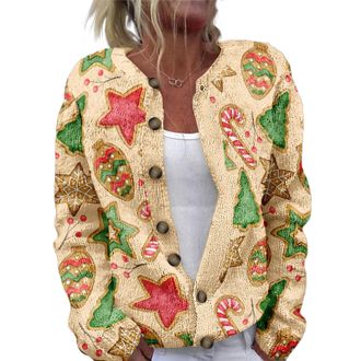 Generic Womens Christmas Sweater Open Front Button Down Christmas Sweater (UK, Alpha, M, Regular, Regular, 1)