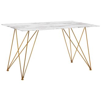 Beliani Beliani - Mesa De Comedor Efecto M&aacute;rmol Blanco Con Tapa De Cristal Templado Dorado Patas De Metal 140 X 80 Cm Sal&oacute;n Glam Kenton