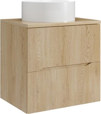 Vente-Unique Mueble de ba&ntilde;o suspendido estriado con lavabo sobre encimera redondo - Natural claro - 60 cm - ORISO
