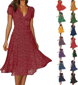 Generic Same Day delivery Items Summer Dresses for Women UK Fashion Floral Print Maxi Dress Elegant V Neck Short Sleeve Beach Wear Slim Fit Waist Going Out Bl