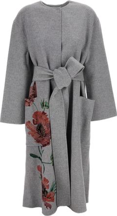Erdem Grey Floral Print Double Face Wool Belted Robe Coat