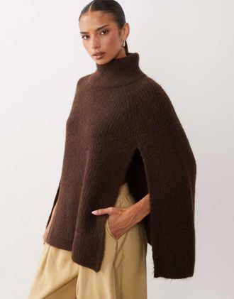 Gina Tricot Gina Tricot maglione a collo alto in maglia a coste in lana e alpaca marrone cioccolato