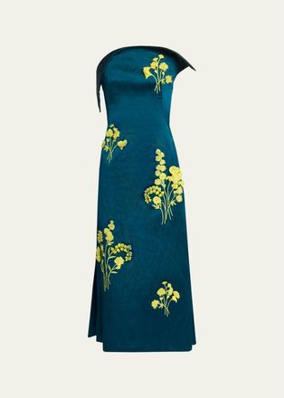 Erdem Sculptural Strapless Embroidered Textured Satin Midi Dress