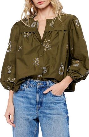 Ciebon Liliane Embroidered Cotton Top in Olive at Nordstrom, Size X-Small