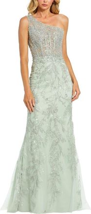 Mac Duggal Embellished One-Shoulder Corset Bodice Column Gown in Sage at Nordstrom, Size 12