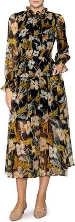 Melloday Floral Ruffle Long Sleeve Chiffon Fit & Flare Dress in Black Multi at Nordstrom Rack, Size Large