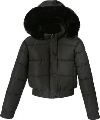 Generic Black Coat with Faux Fur Women Cropped Puffer Jacket Faux Fur Hood Fleece Lined Short Winter Coat Loose Fit Black Medium