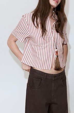Mango Stripe Short Sleeve Cotton & Linen Button-Up Shirt in Maroon at Nordstrom, Size 6