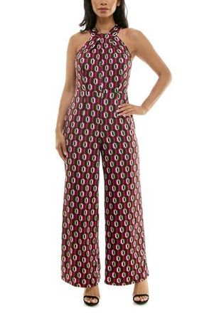 Nina Leonard Twisted Halter Neck Jumpsuit in Black/Olive Multi at Nordstrom Rack, Size X-Large